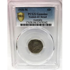 AUSTRALIA 1918M . SIXPENCE . PCGS AU C.V. $2,490.00. VERY SCARCE